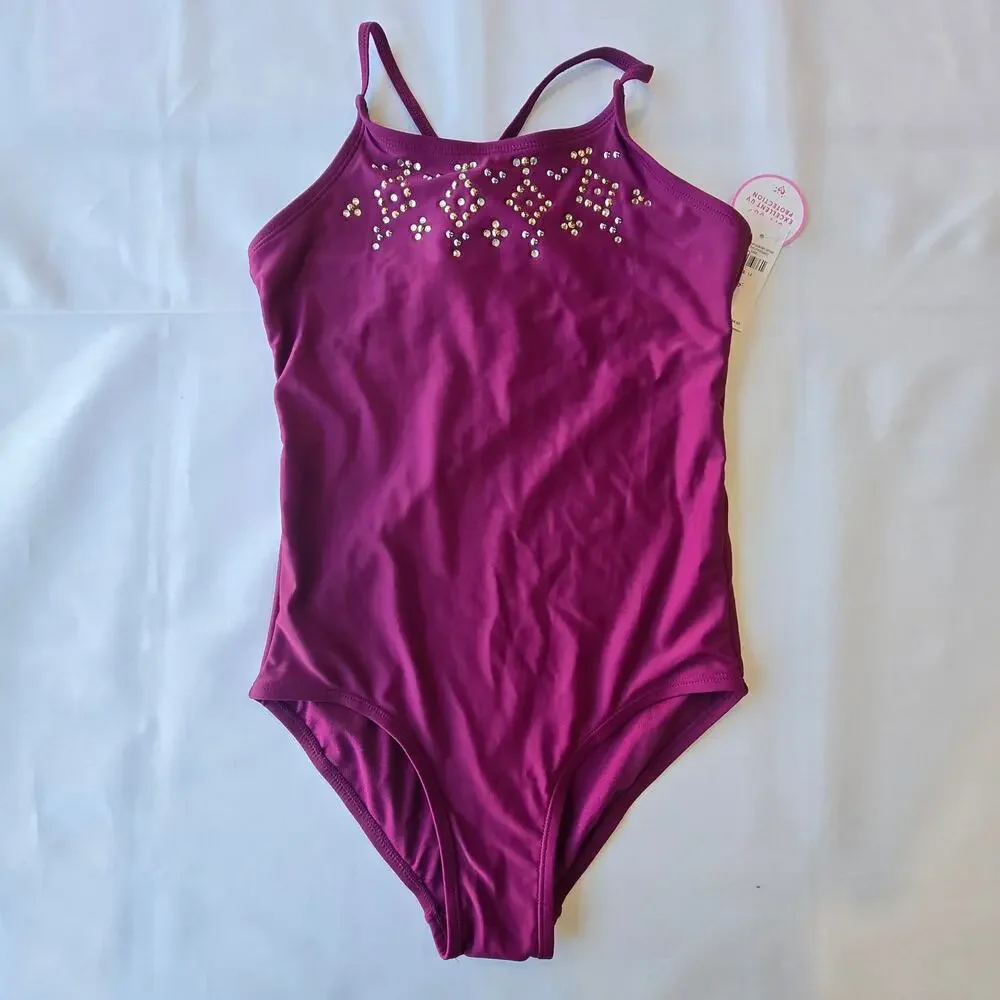Justice UPF 50+ girls maroon one piece swimsuit w/rhinestone accents /14 (US)